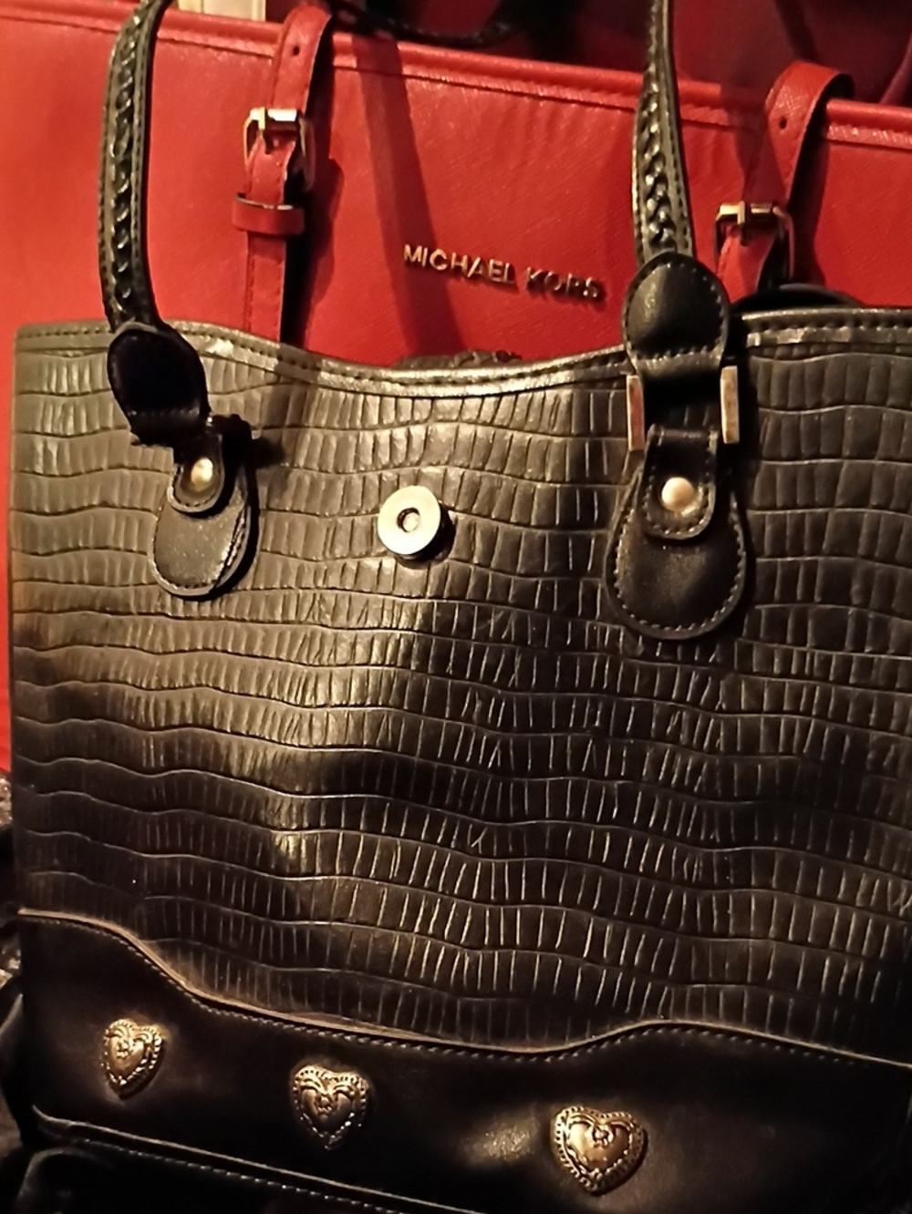Michael Kors Black Croc-Embossed Heart-Stud Tote
